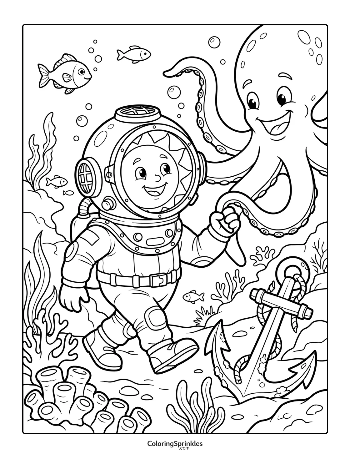 Coloring page of a diver holding hands with an octopus underwater near an anchor