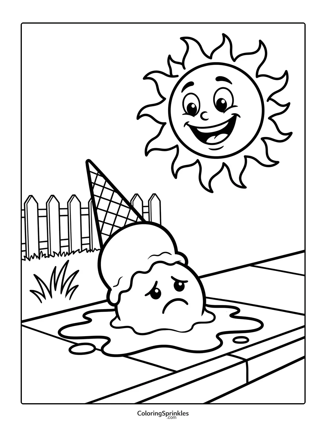 Coloring page of a melting ice cream cone with a sad face under a smiling sun outdoors