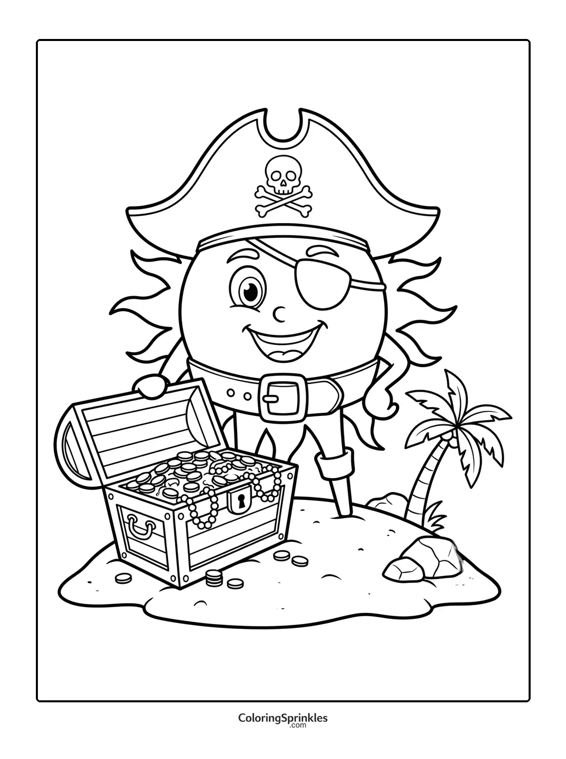 Coloring page of a pirate sun with a treasure chest on an island