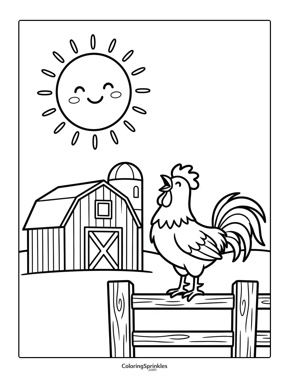 Coloring page of a rooster crowing on a fence near a barn with a smiling sun