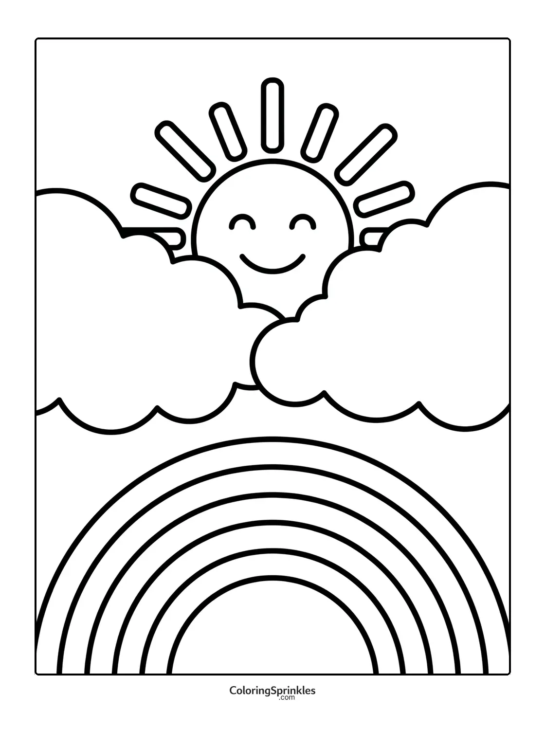Coloring page of a smiling sun peeking from behind clouds with a rainbow below