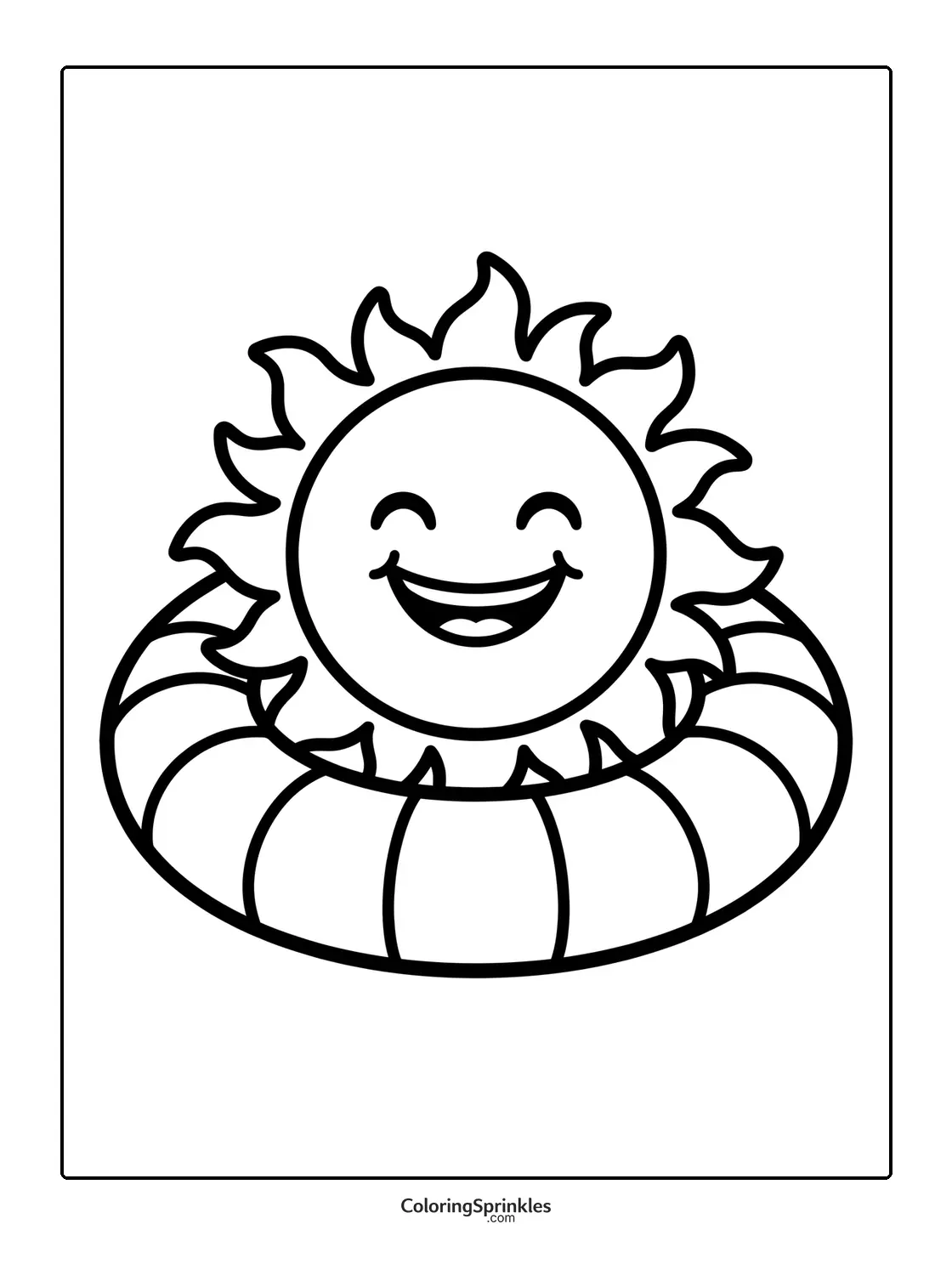 Coloring page of a smiling sun floating in a swim ring