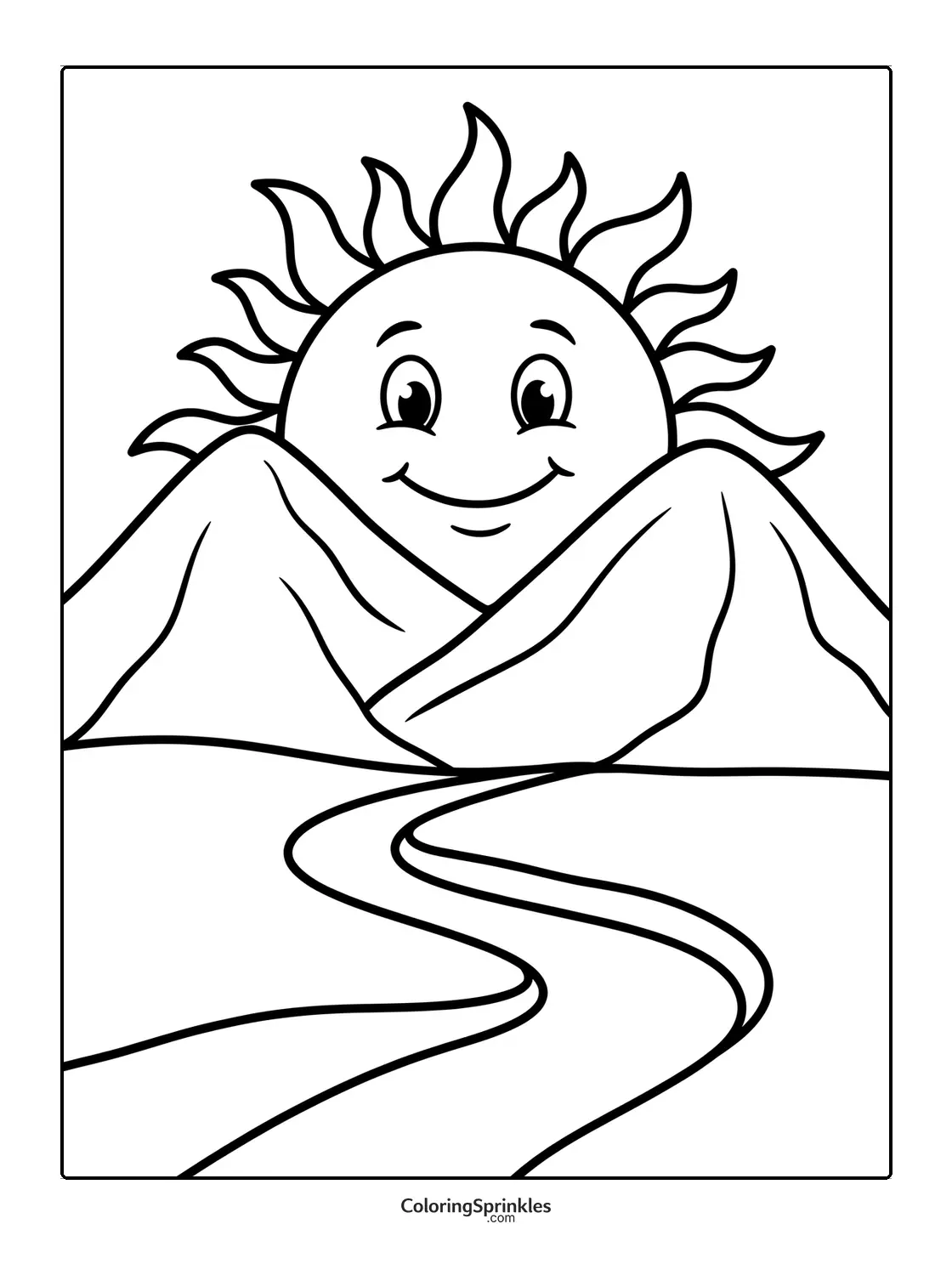 Coloring page of a smiling sun rising behind mountains with a winding road