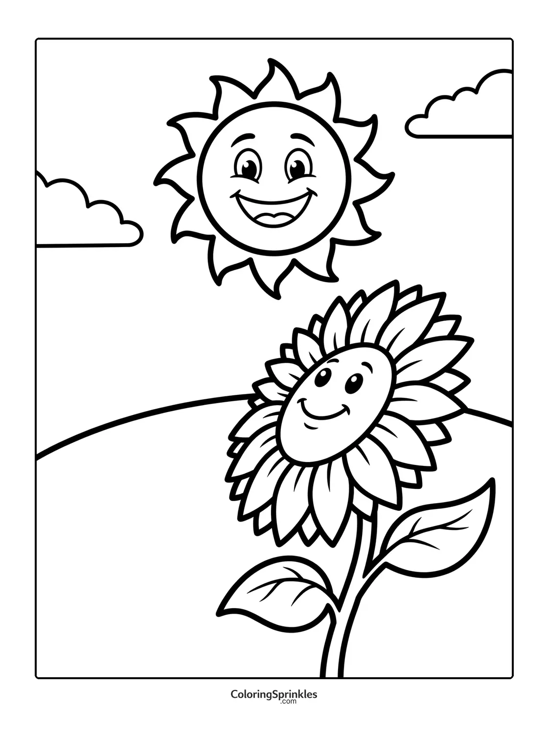 Coloring page of a smiling sunflower with a happy sun and clouds