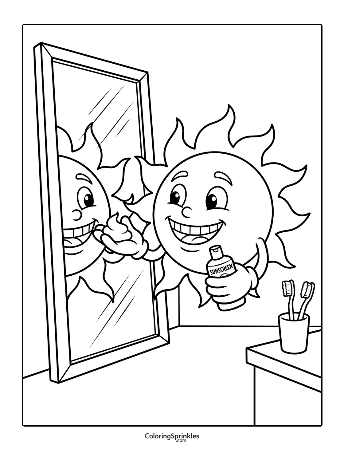 Coloring page of a sun applying sunscreen in front of a mirror in a bathroom