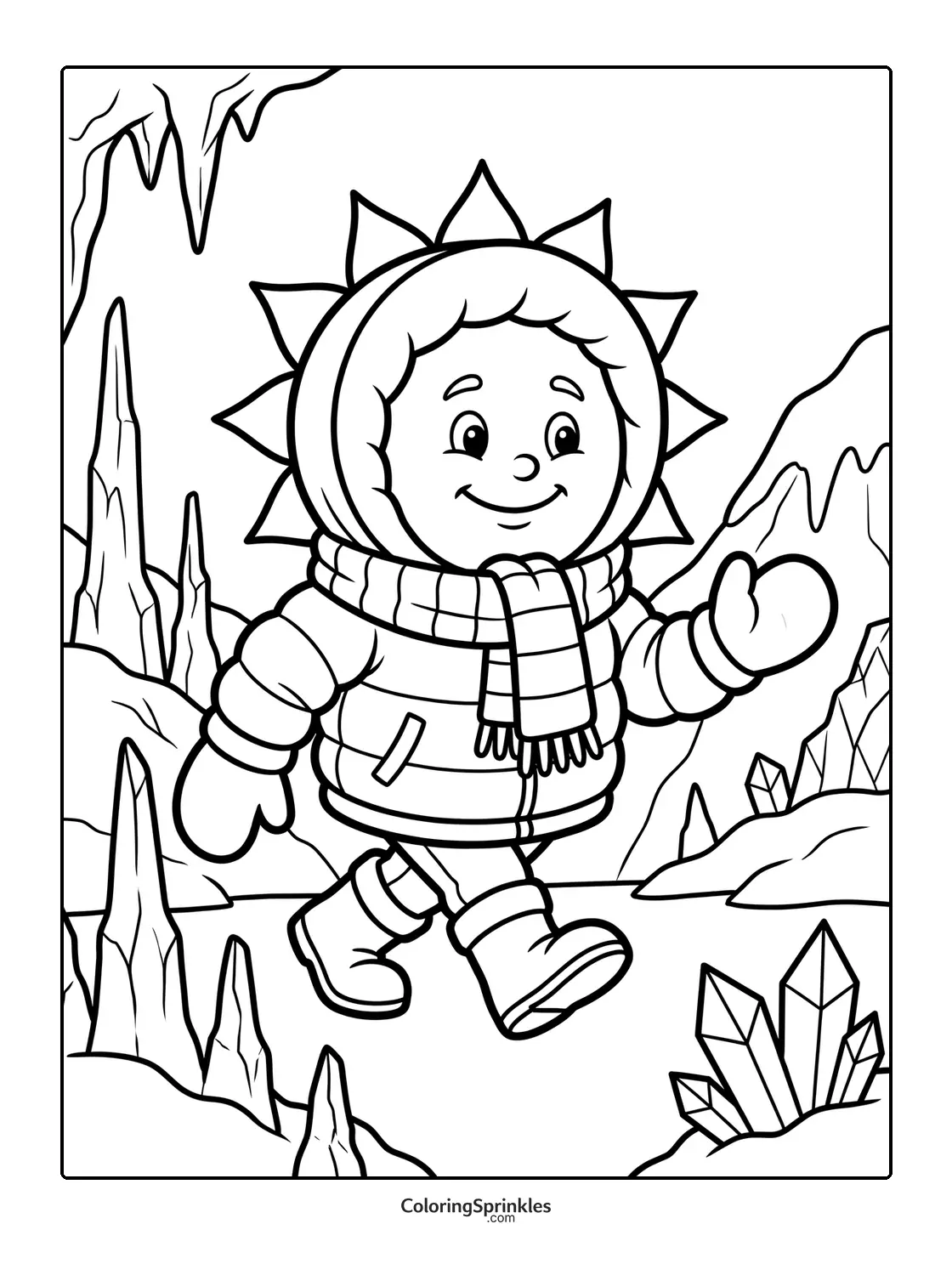 Coloring page of a sun character walking in an ice cave with crystals