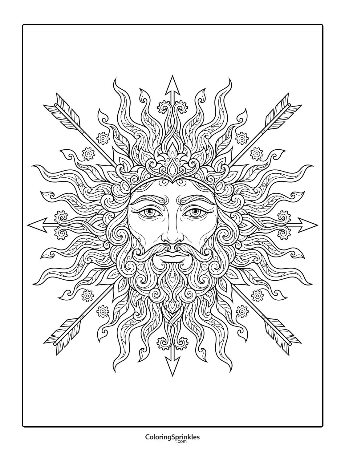 Coloring page of an intricate sun face with arrows and gears