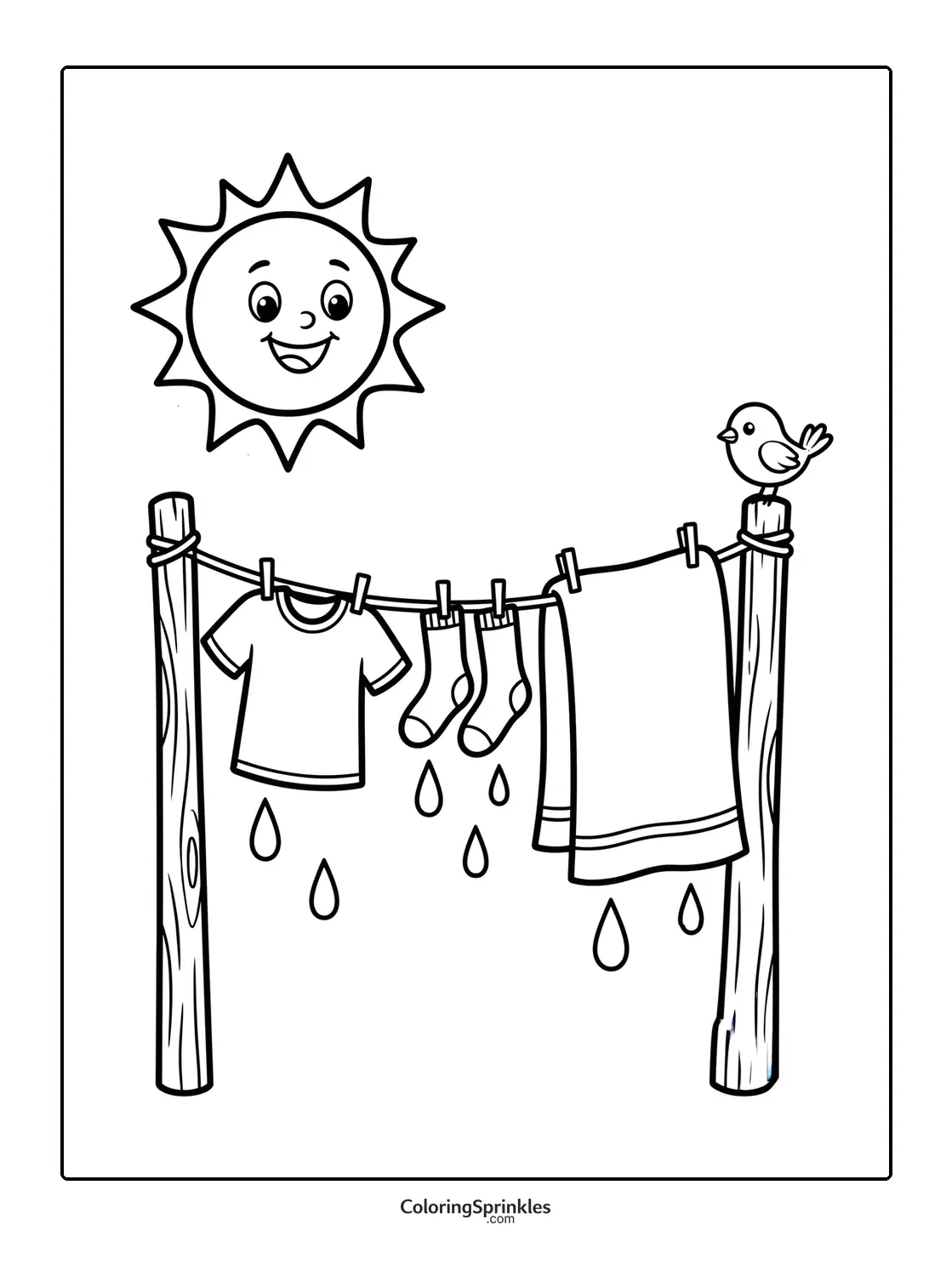 Coloring page of a happy sun shining on wet clothes hanging on a clothesline with a bird