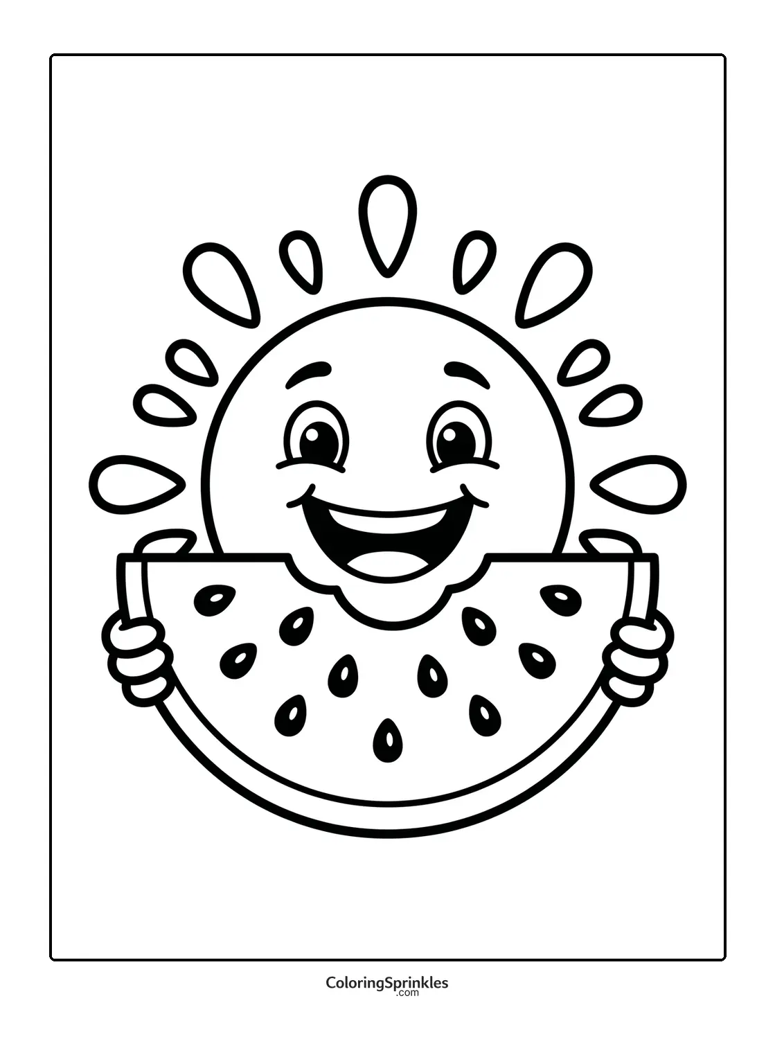 Coloring page of a smiling sun holding a watermelon slice