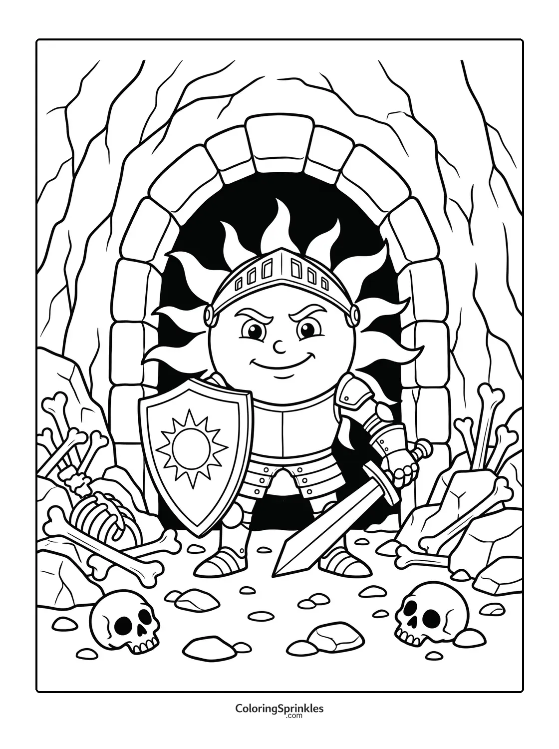 Coloring page of a sun knight standing in a cave with skeletons holding a shield and sword