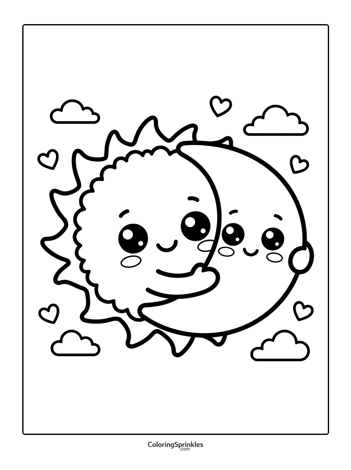 Coloring page of a sun and moon hugging with hearts and clouds