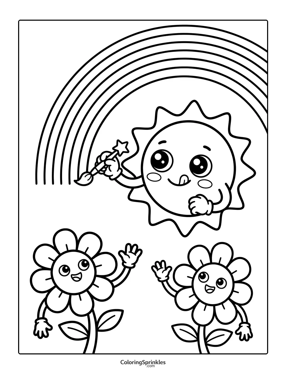 Coloring page of a sun painting a rainbow with happy flowers waving
