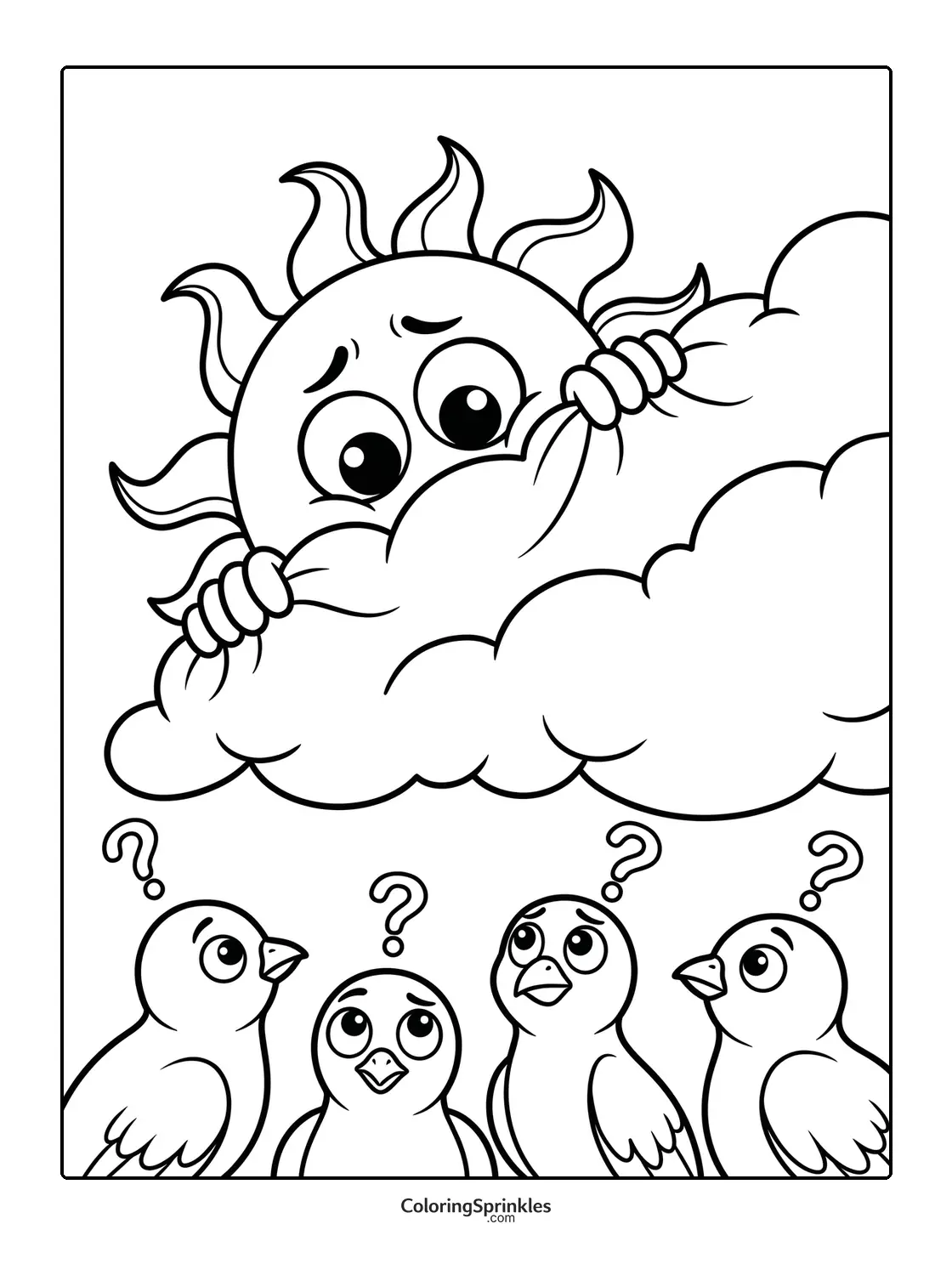 Coloring page of a sun peeking from behind clouds with confused birds below