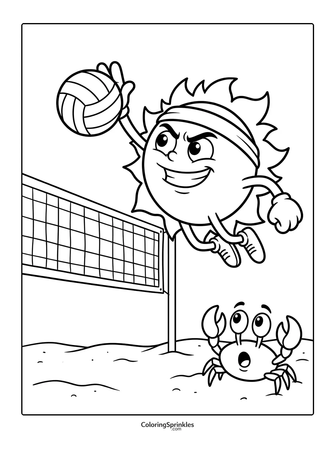 Coloring page of a sun playing volleyball on the beach with a crab
