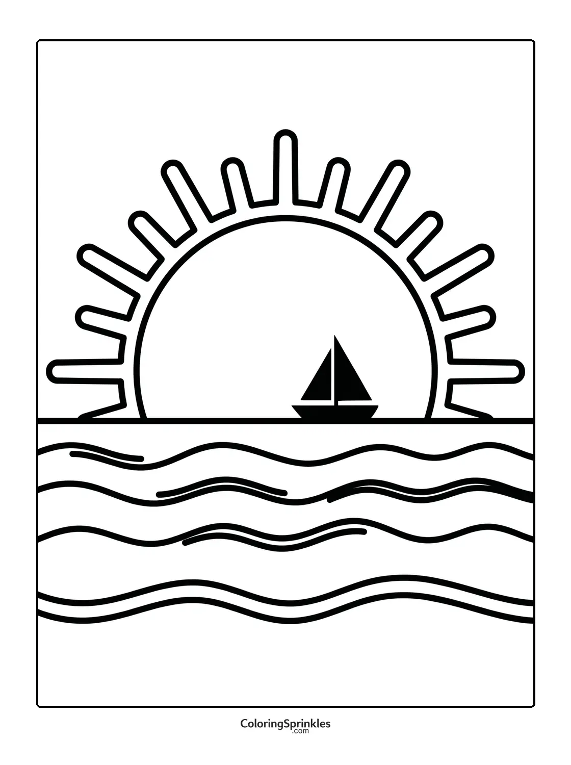 Coloring page of a sun setting over the ocean with a sailboat and waves