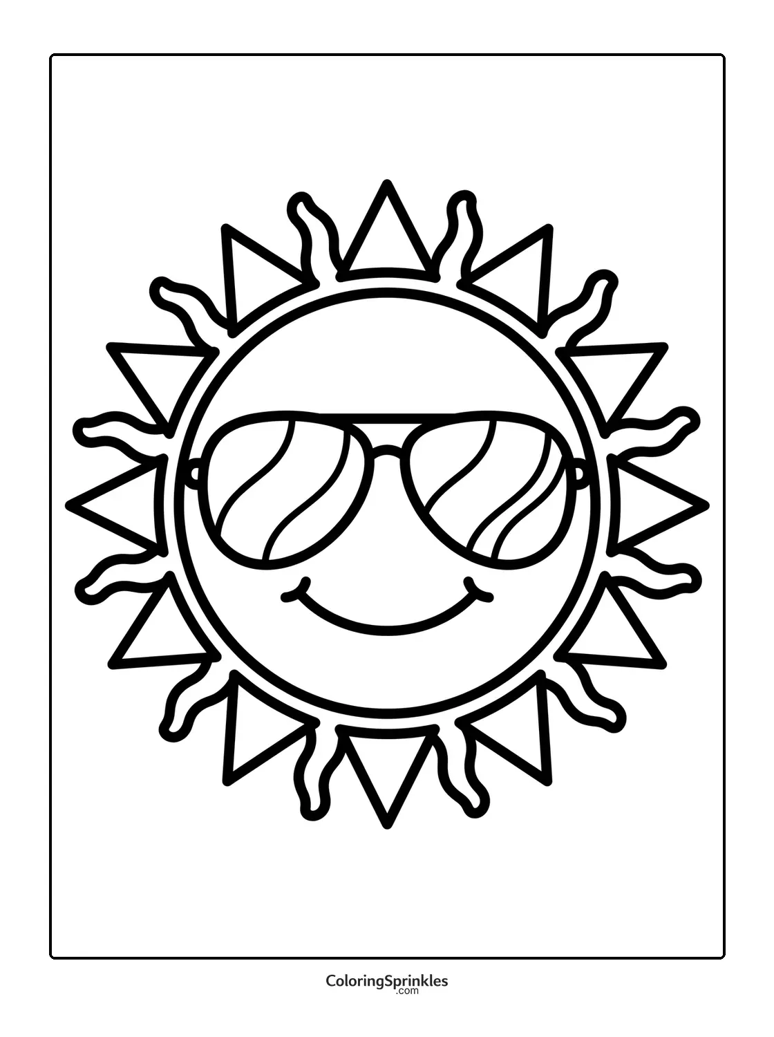 Coloring page of a smiling sun wearing sunglasses