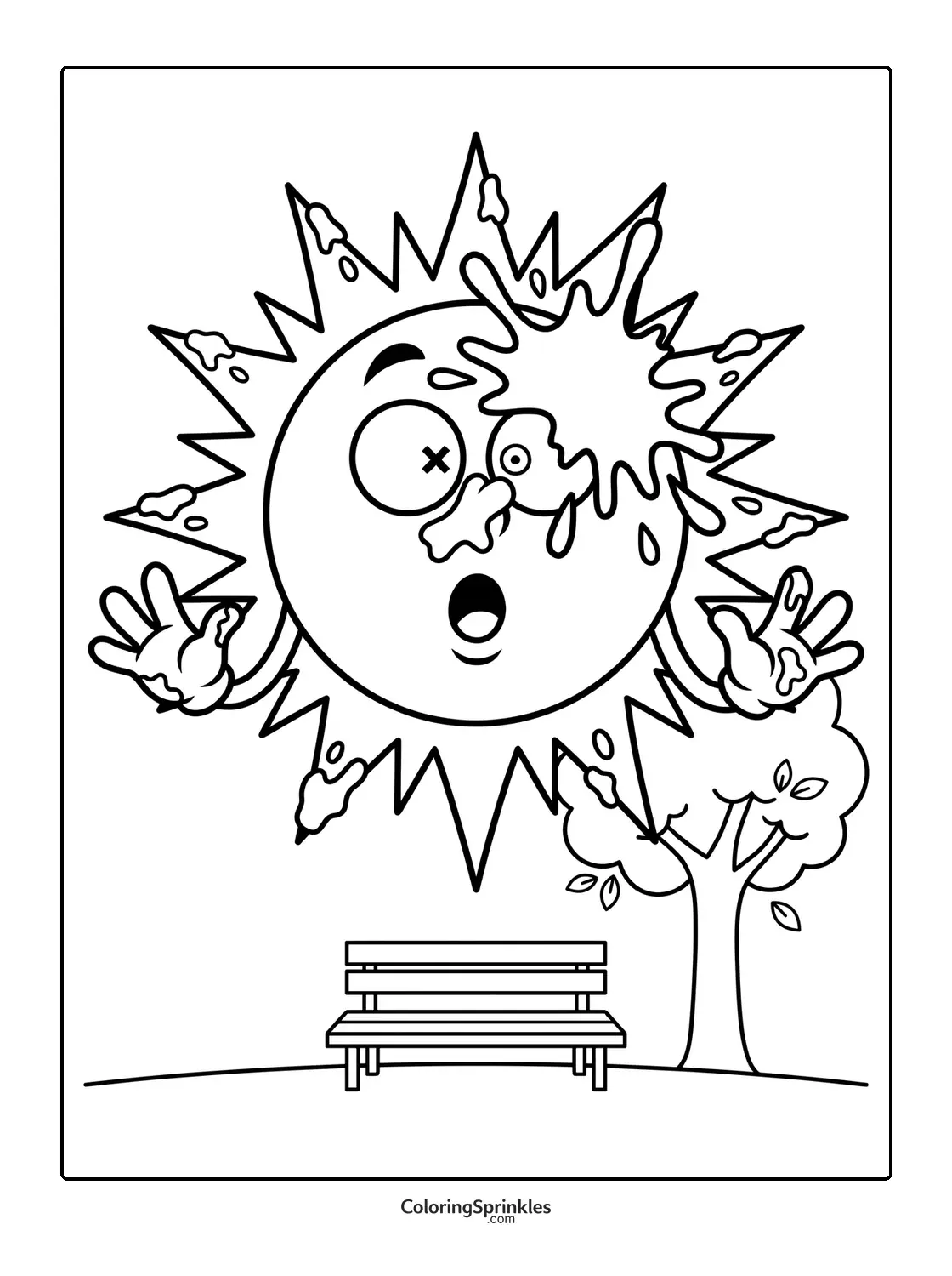 Coloring page of a sun splattered with paint above a bench and tree outdoors