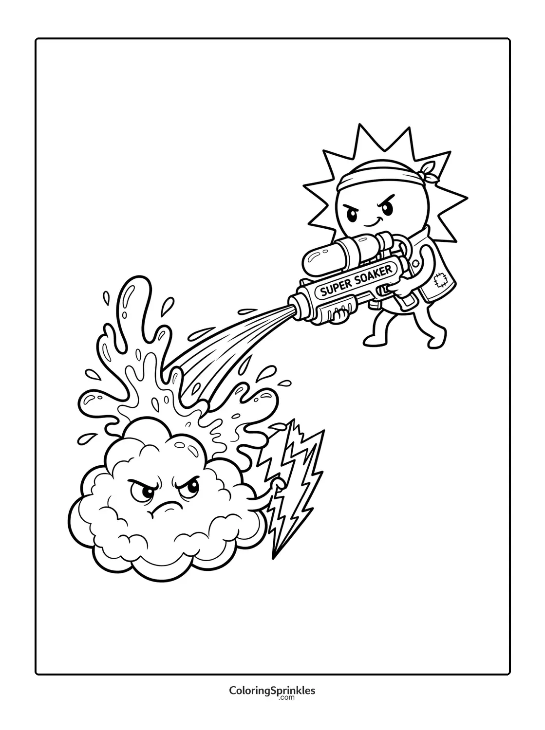 Coloring page of a sun shooting water from a super soaker at an angry cloud with lightning