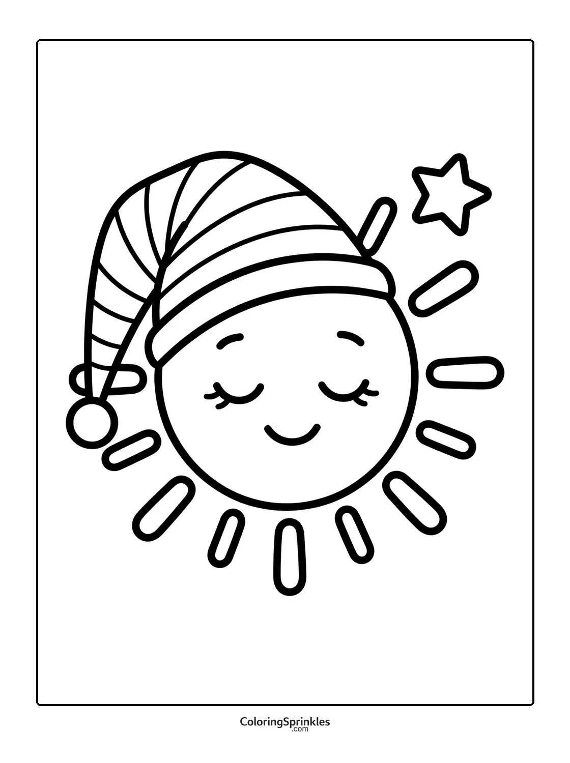 Coloring page of a sun wearing a sleeping cap with stars