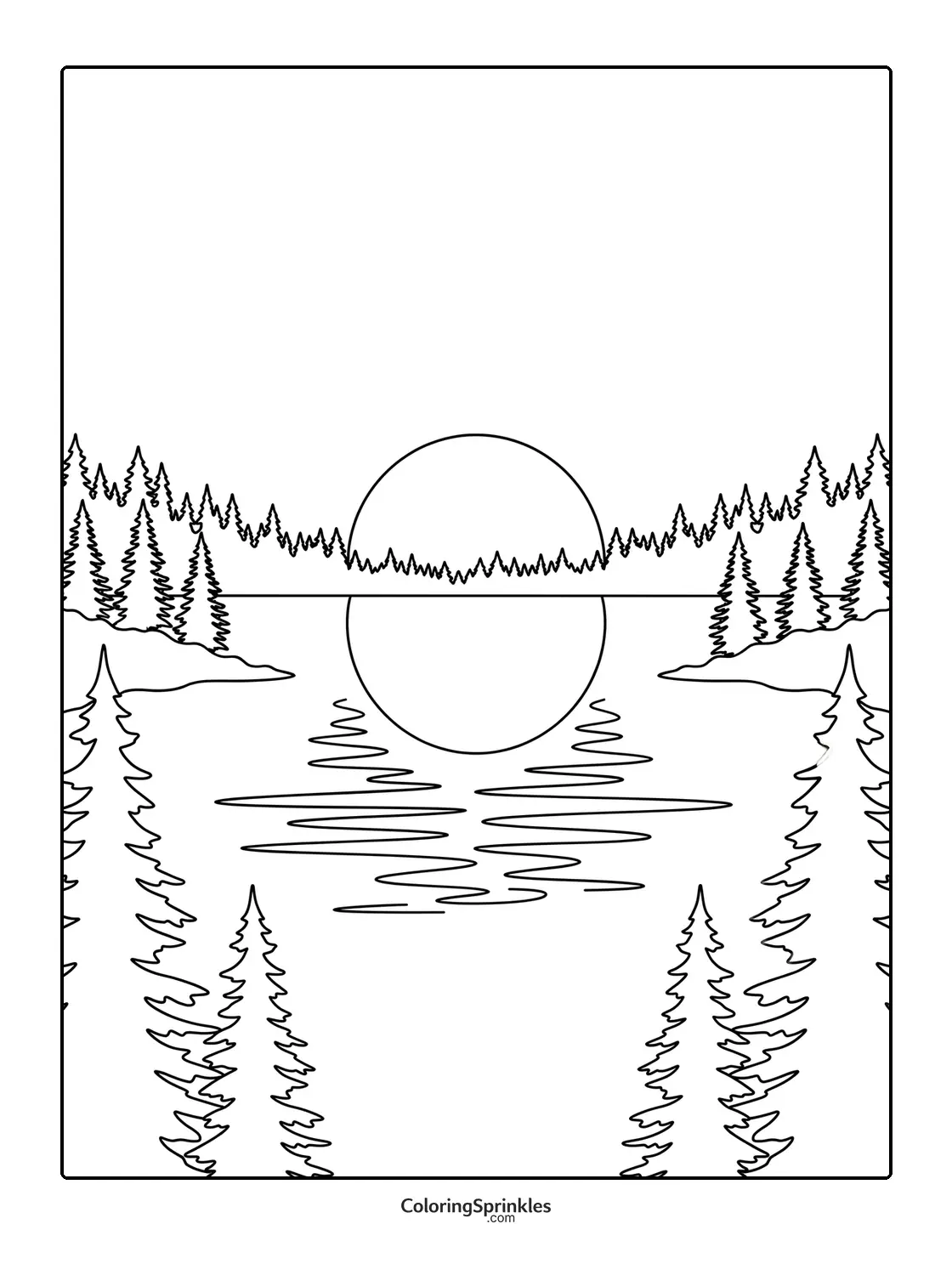 Coloring page of a sunset over a lake with pine trees and reflection