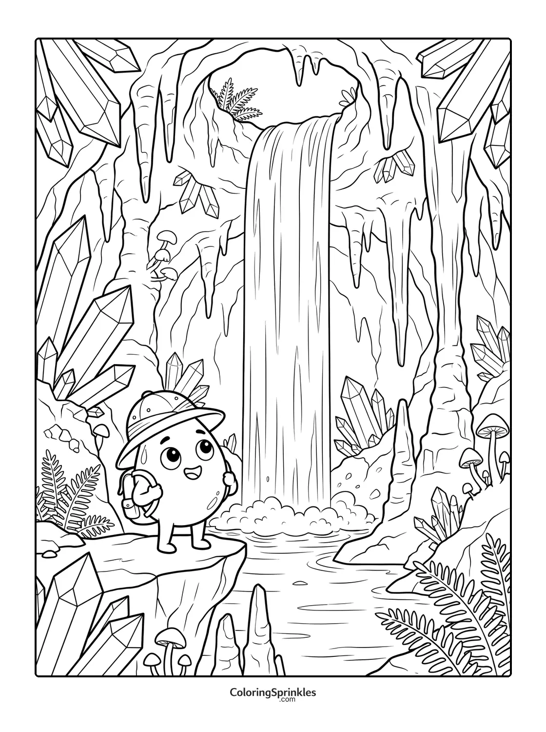 Coloring page of an adventurous drop character exploring a cave with a waterfall and crystals