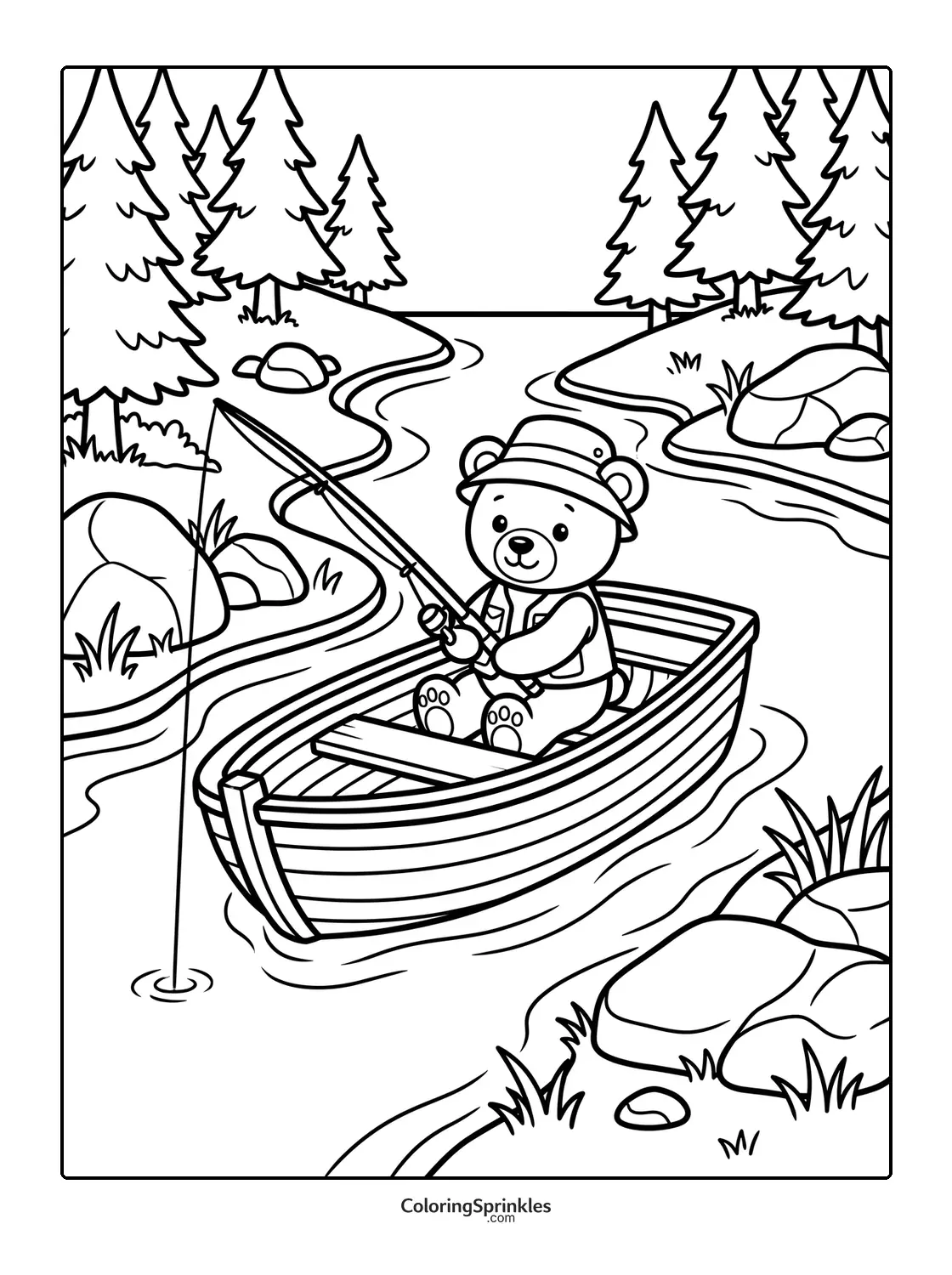 Coloring page of a bear fishing from a boat on a river in a forest