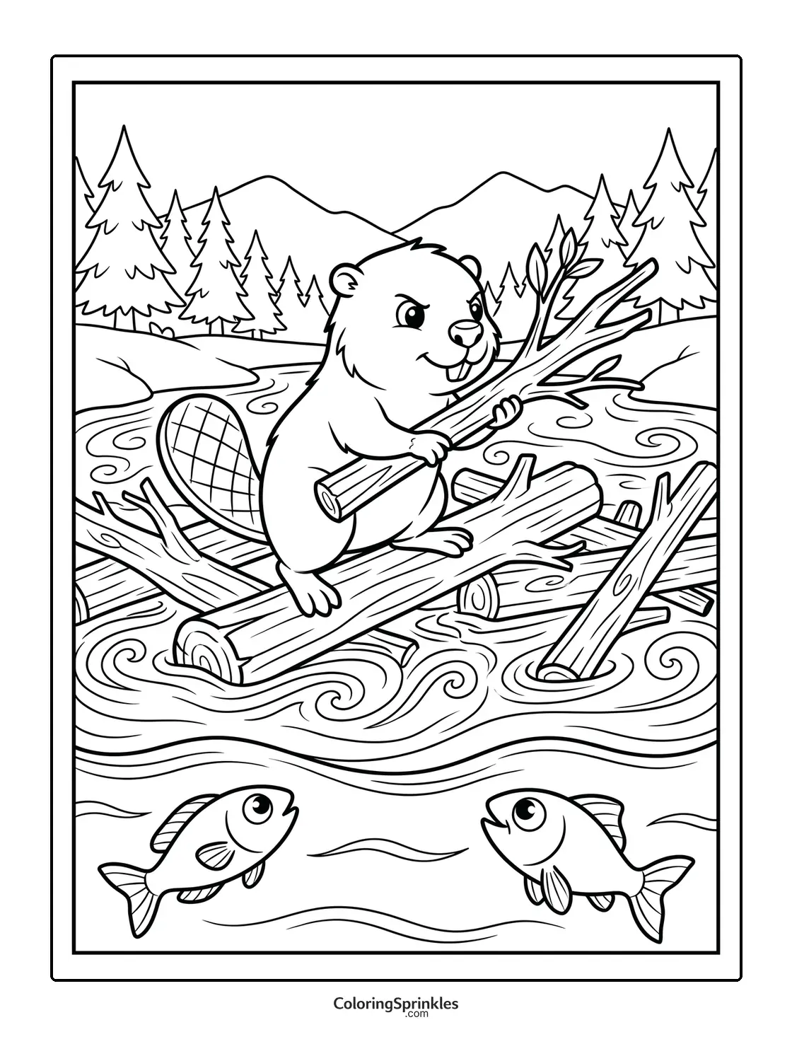 Coloring page of a beaver building a raft on a river with fish swimming below