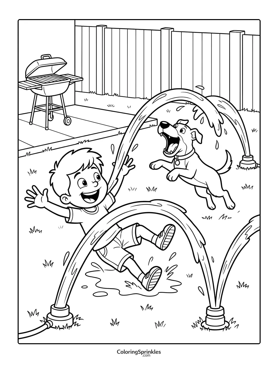 Coloring page of a boy and dog playing with water sprinklers in a yard