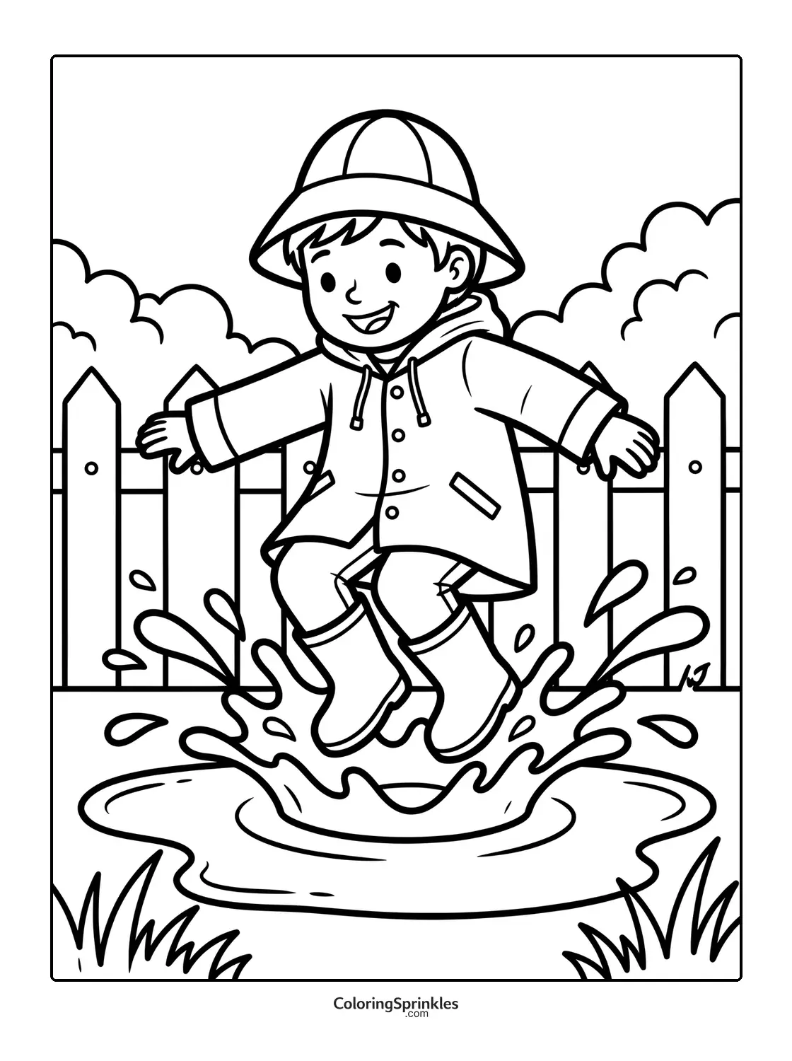 Coloring page of a boy jumping in a puddle wearing a raincoat and rainboots