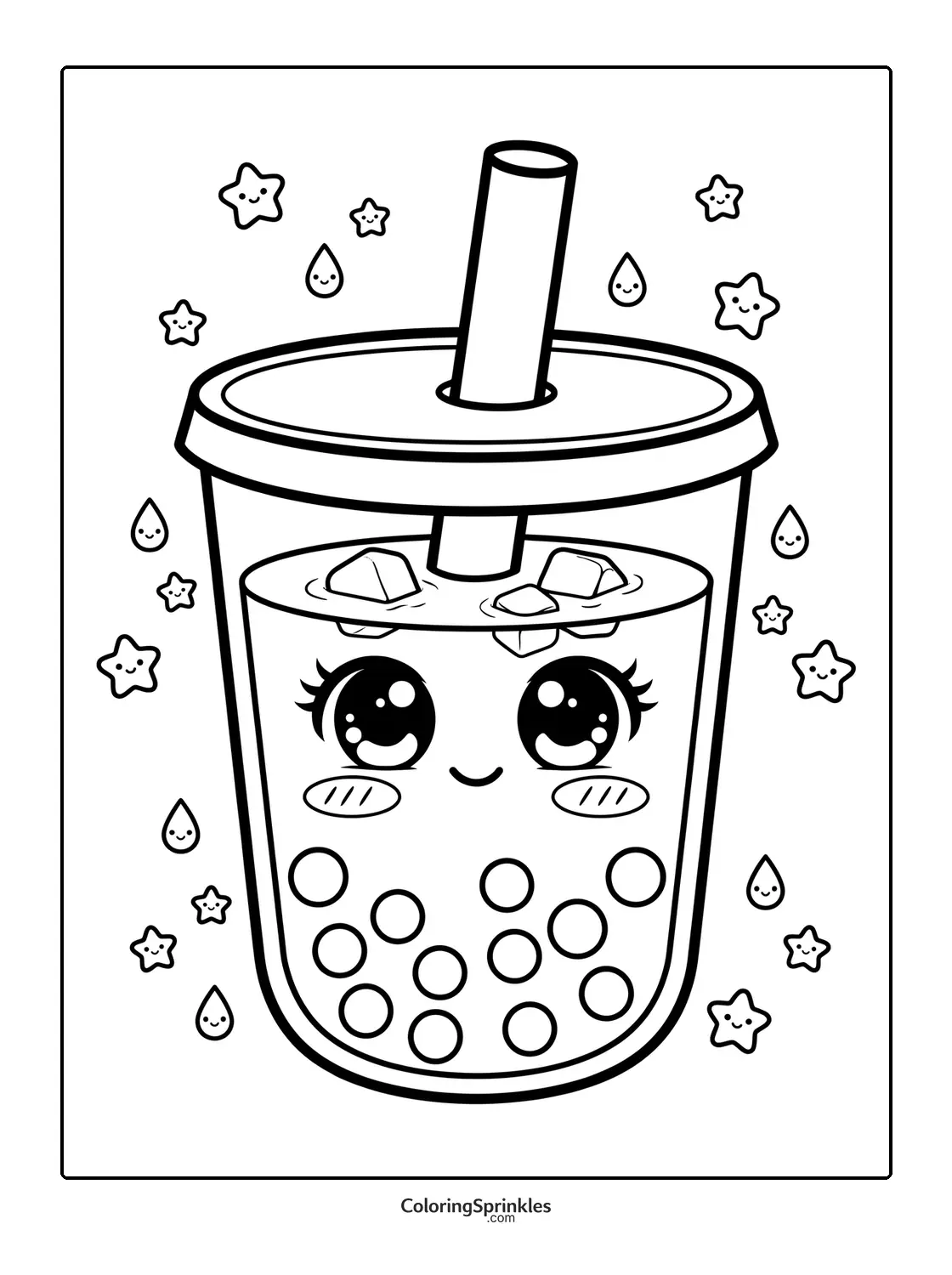 Coloring page of a cute bubble water cup with smiling faces and stars