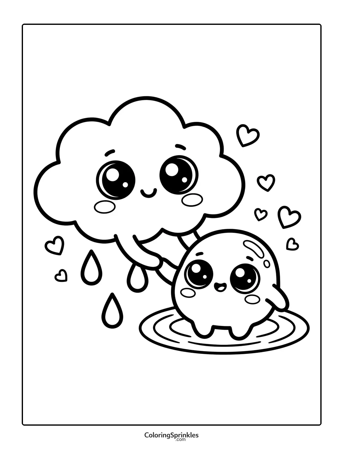 Coloring page of a cute cloud raining on a happy drop in a puddle with hearts