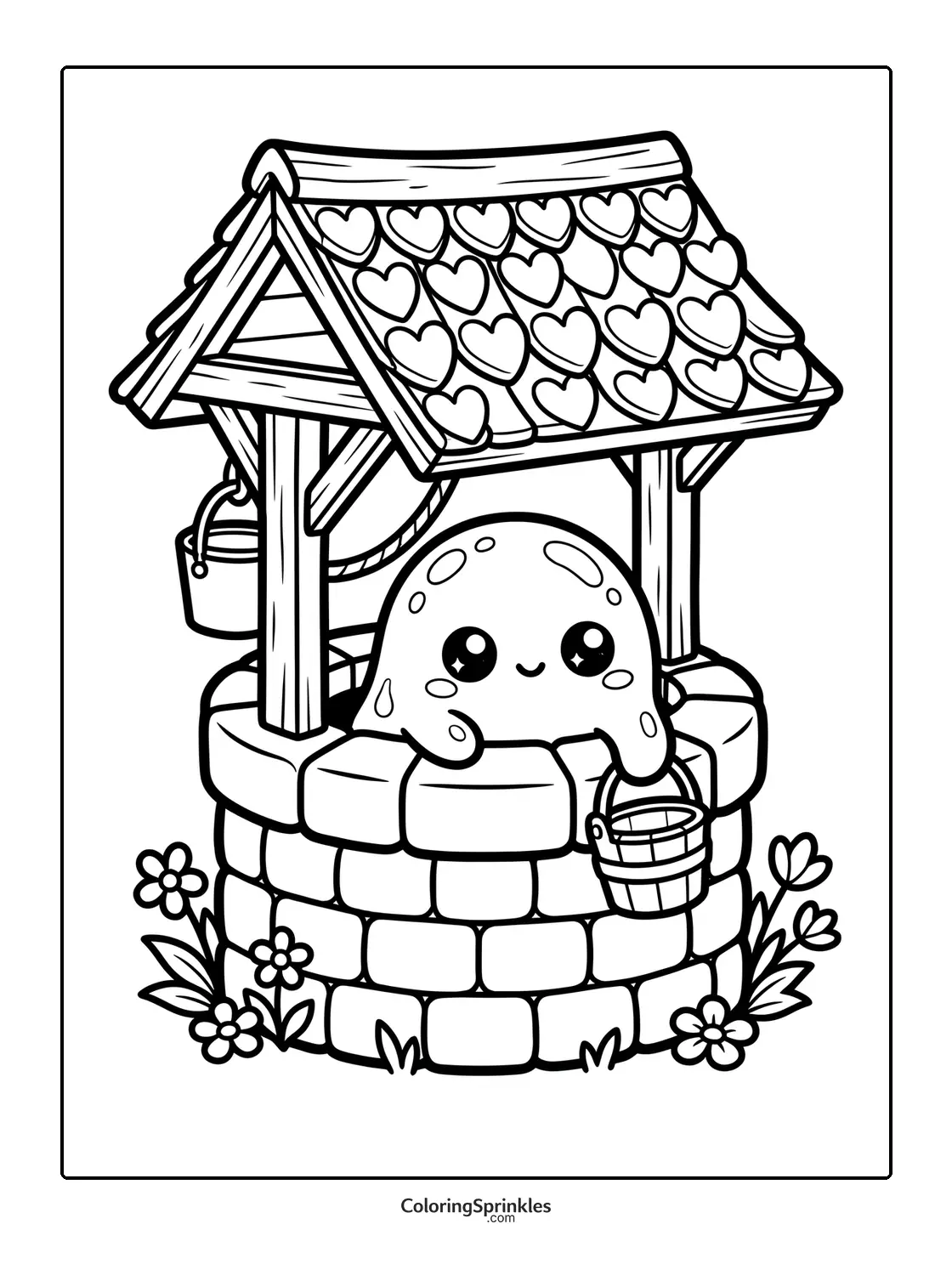 Coloring page of a cute water well with a heart-patterned roof and a smiling water drop holding a bucket