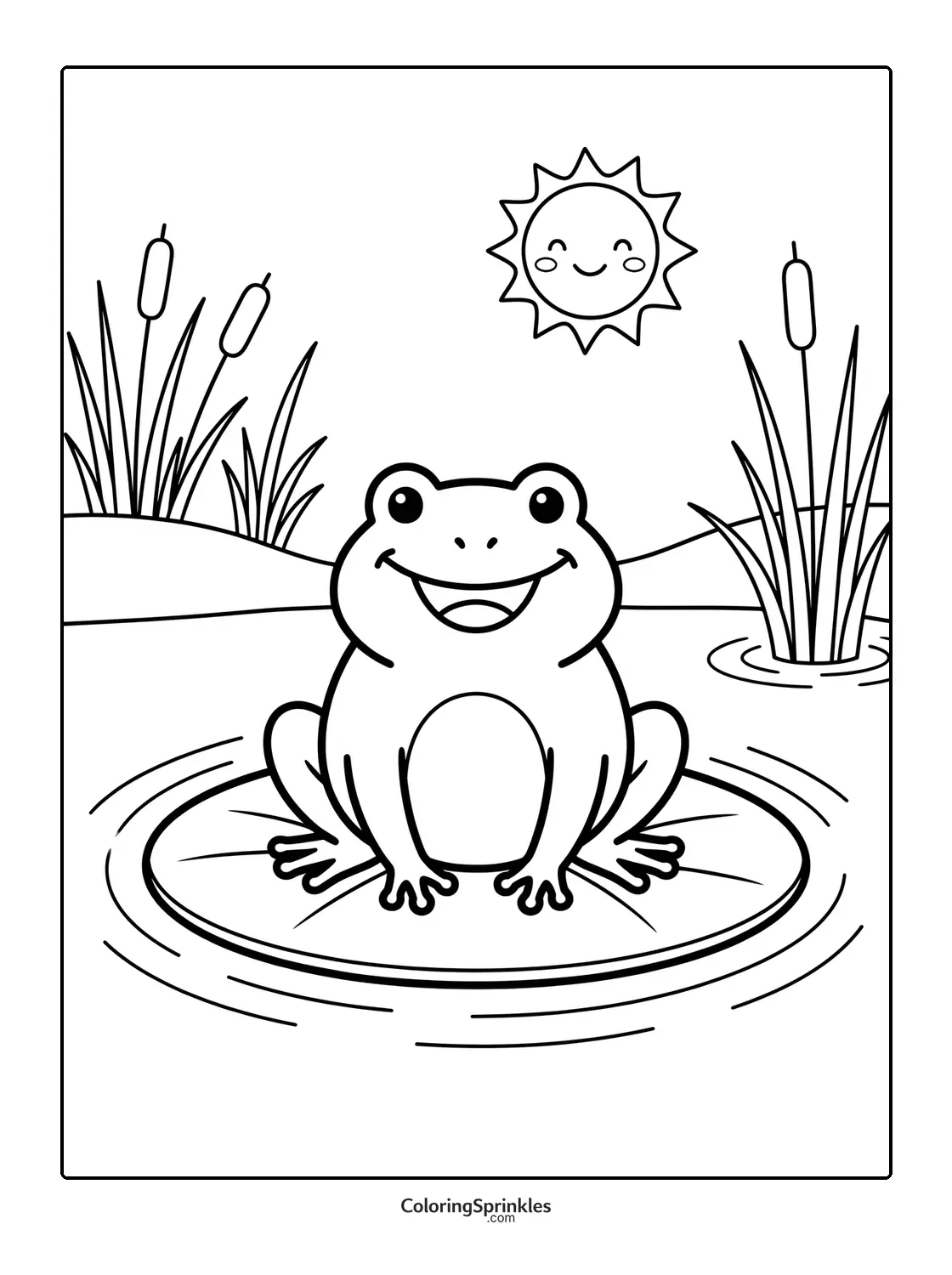 Coloring page of a happy frog sitting on a lily pad in a pond with cattails and a smiling sun
