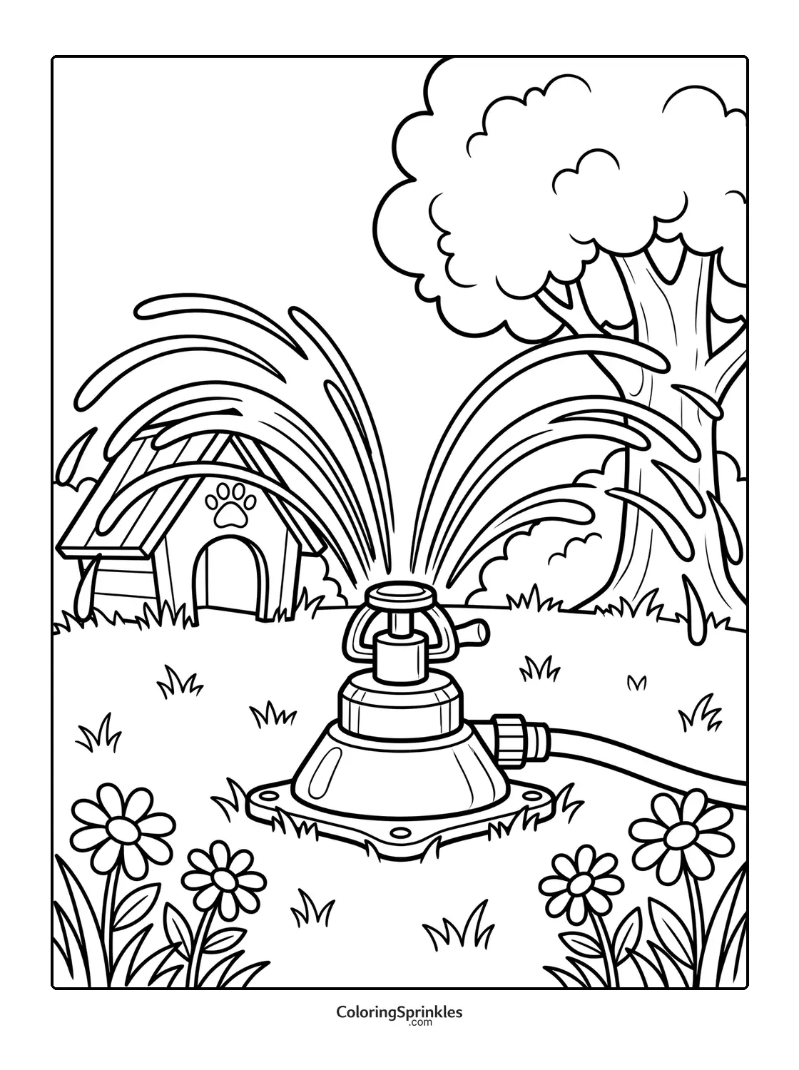 Coloring page of a garden sprinkler watering grass near a doghouse and flowers