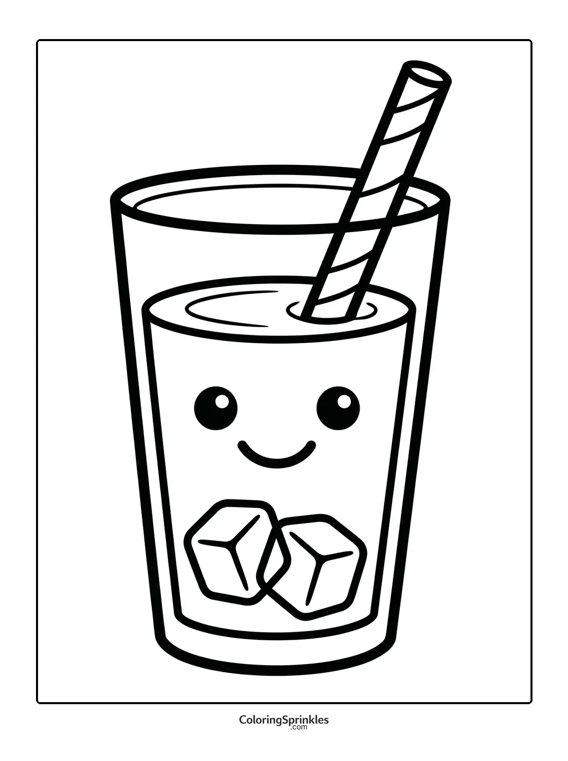 Coloring page of a glass with a cold drink, ice cubes and a smiling face