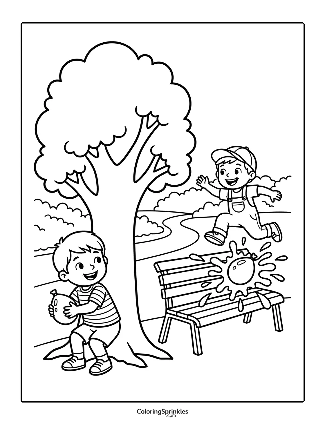 Coloring page of kids playing with water balloons in a park