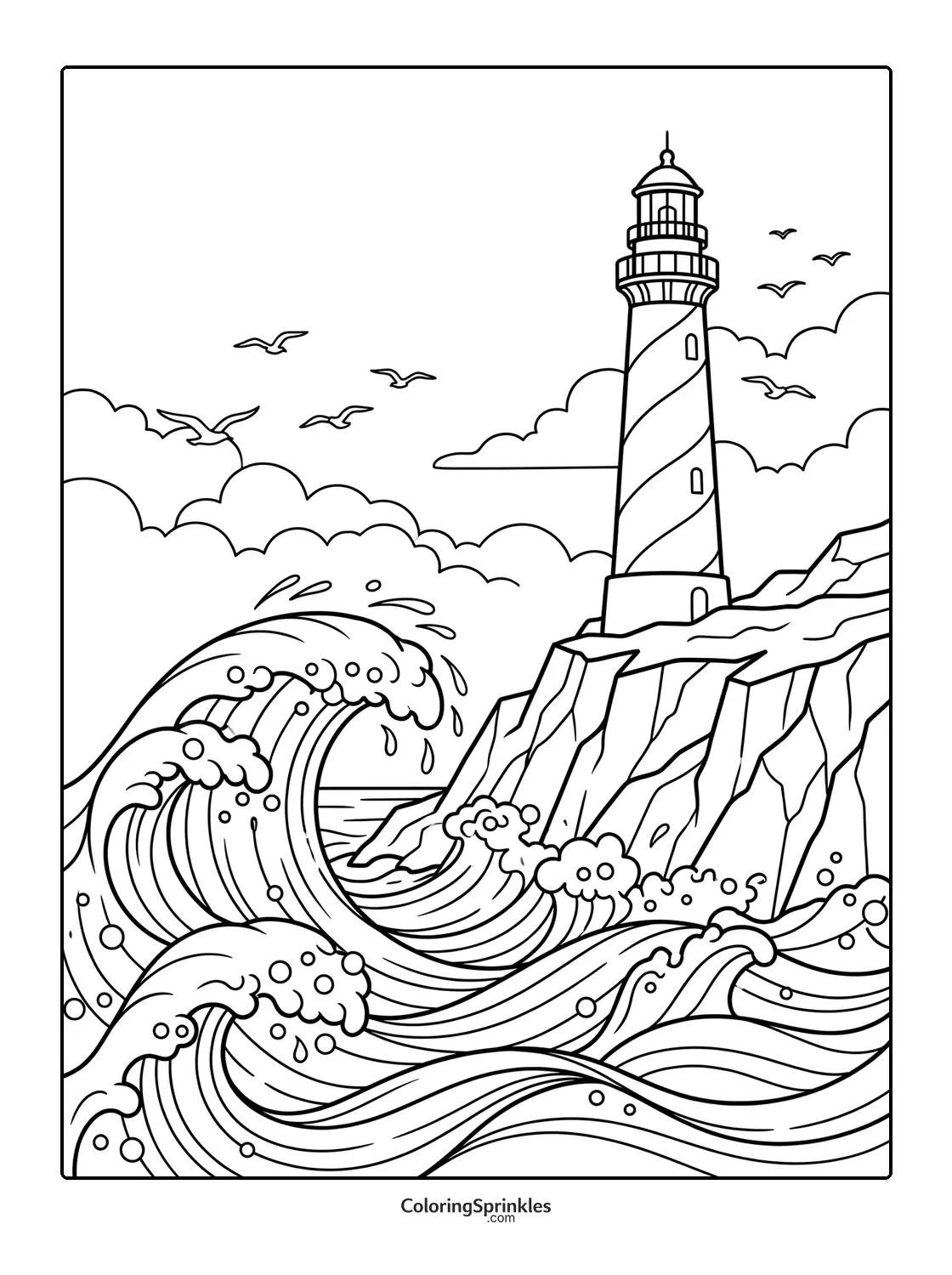 Coloring page of a lighthouse on a rocky coast with waves and seagulls
