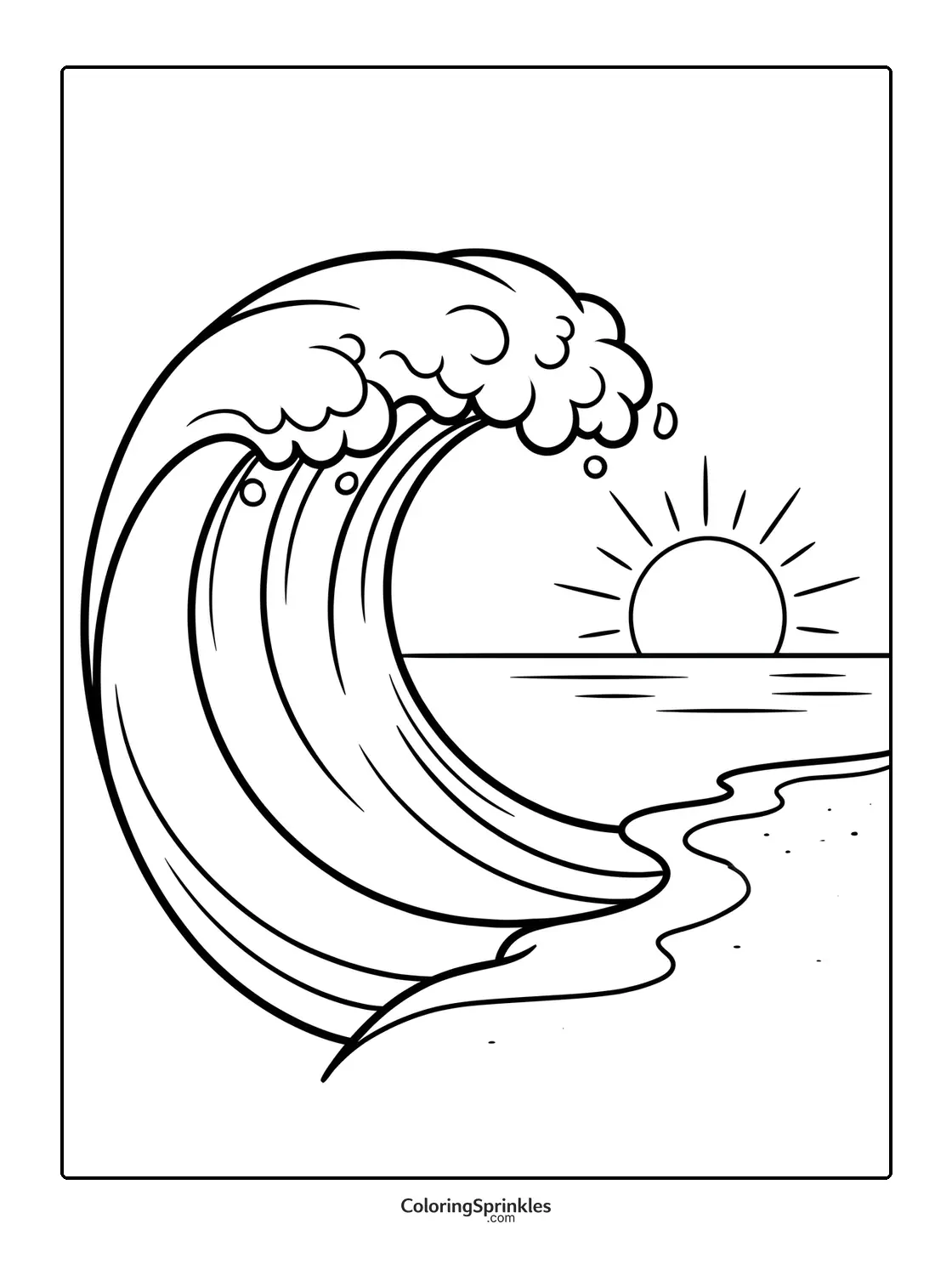 Coloring page of a large ocean wave with a sunset over the beach shoreline