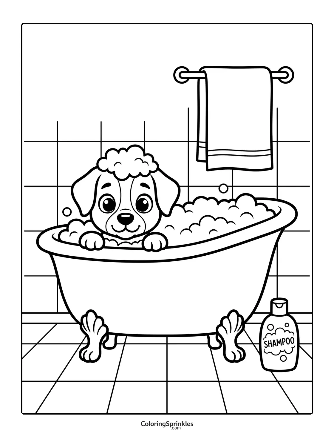 Coloring page of a puppy taking a bath in a bathtub with shampoo and bubbles