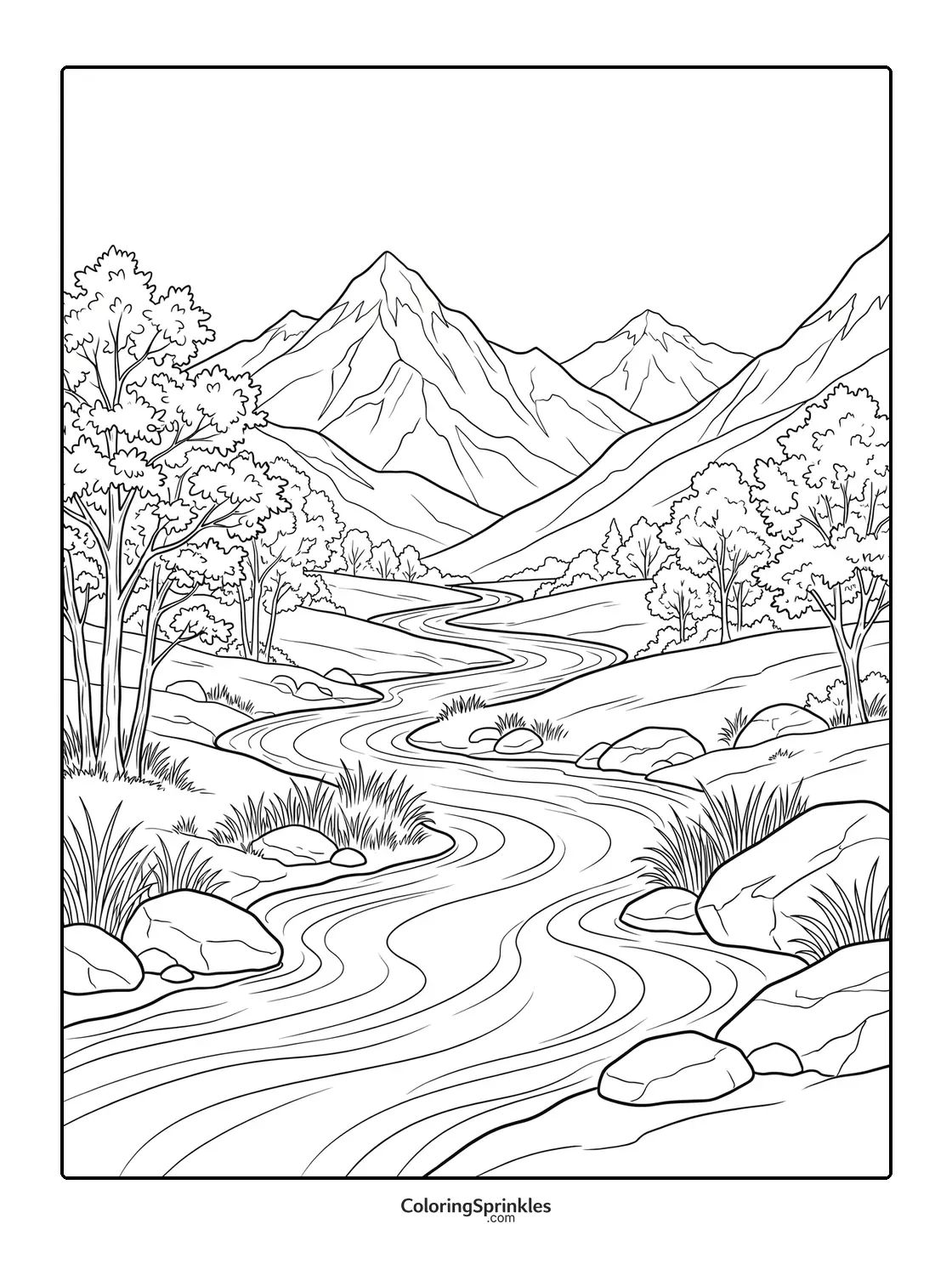 Coloring page of a river flowing through a mountainous landscape with trees and rocks
