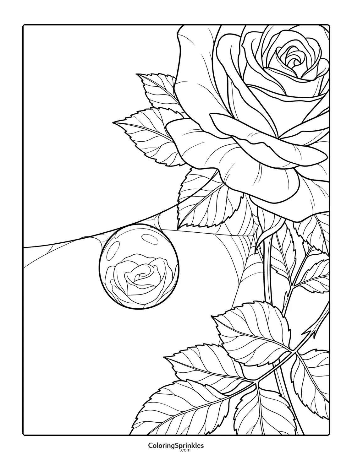 Coloring page of a rose flower with leaves and a water drop reflection