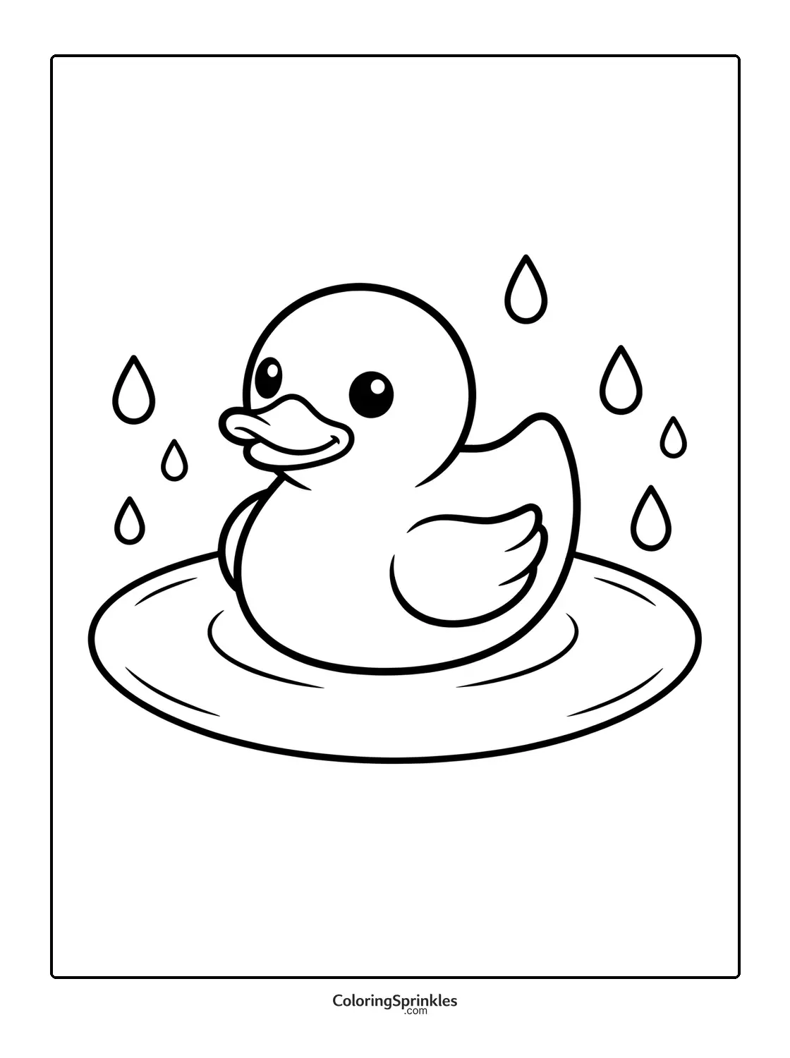 Coloring page of a rubber duck in a puddle with water drops