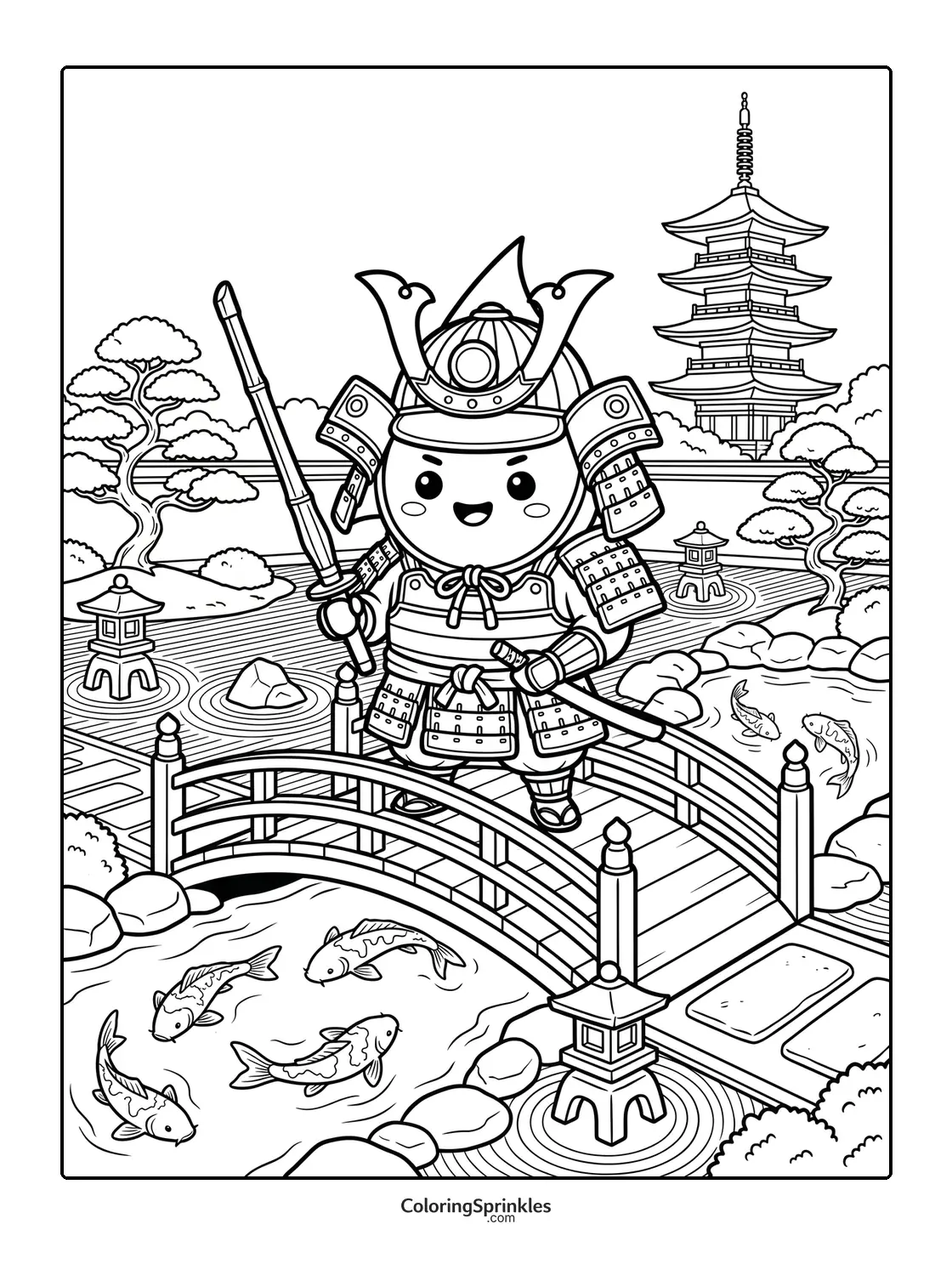Coloring page of a samurai character standing on a bridge in a Japanese garden with koi fish