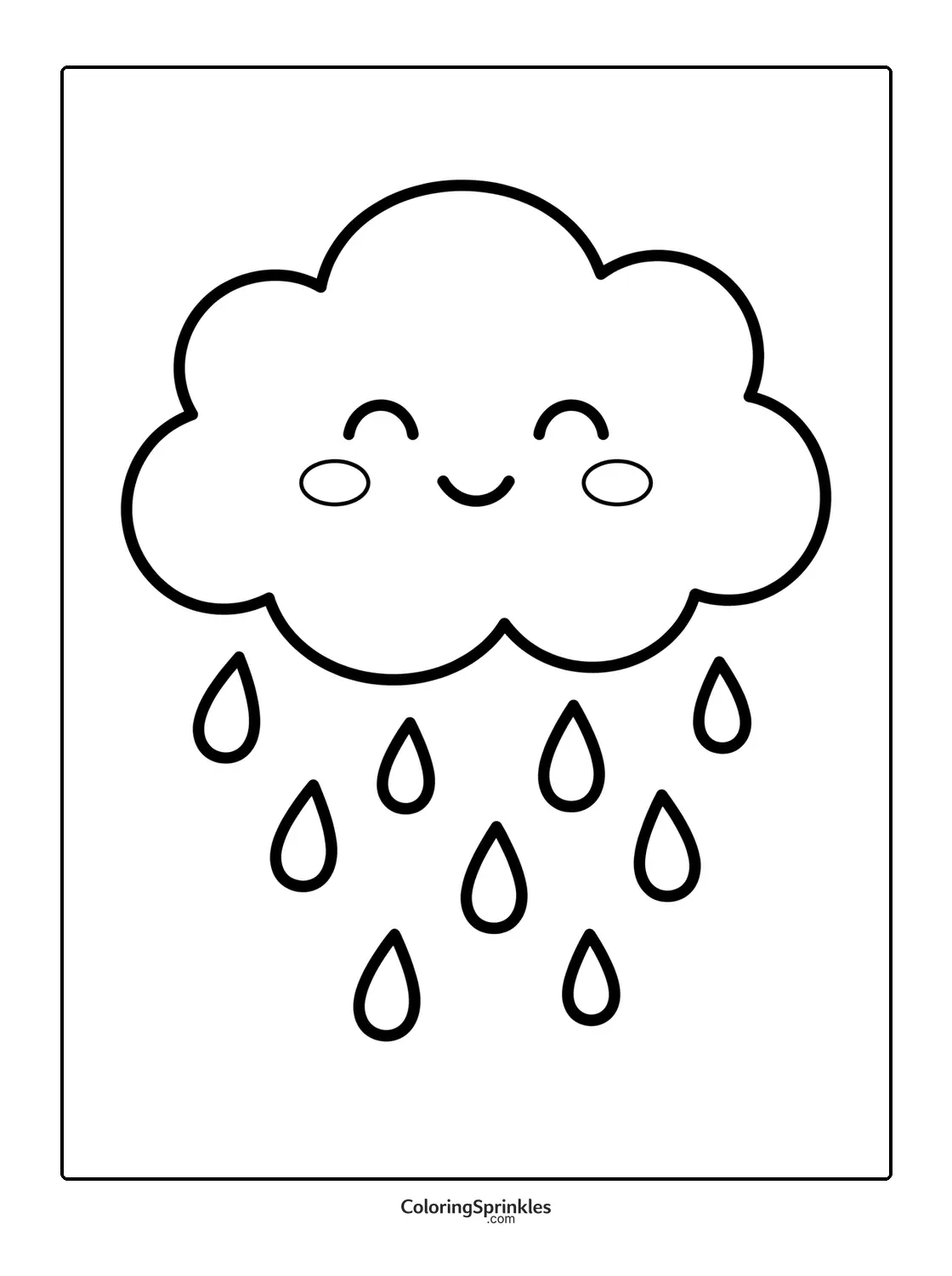 Coloring page of a smiling cloud with raindrops