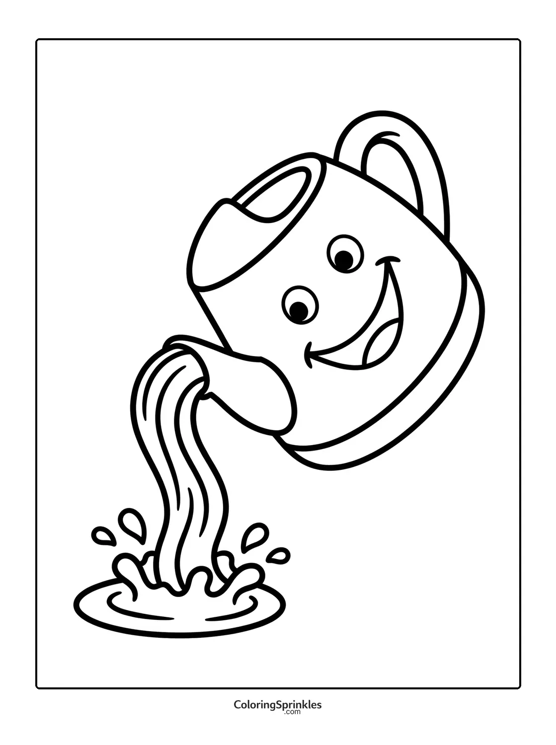 Coloring page of a smiling pitcher pouring water