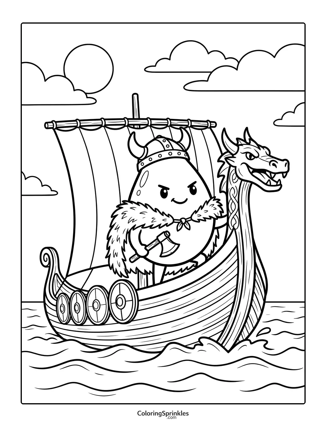 Coloring page of a Viking drop character holding an axe on a dragon ship