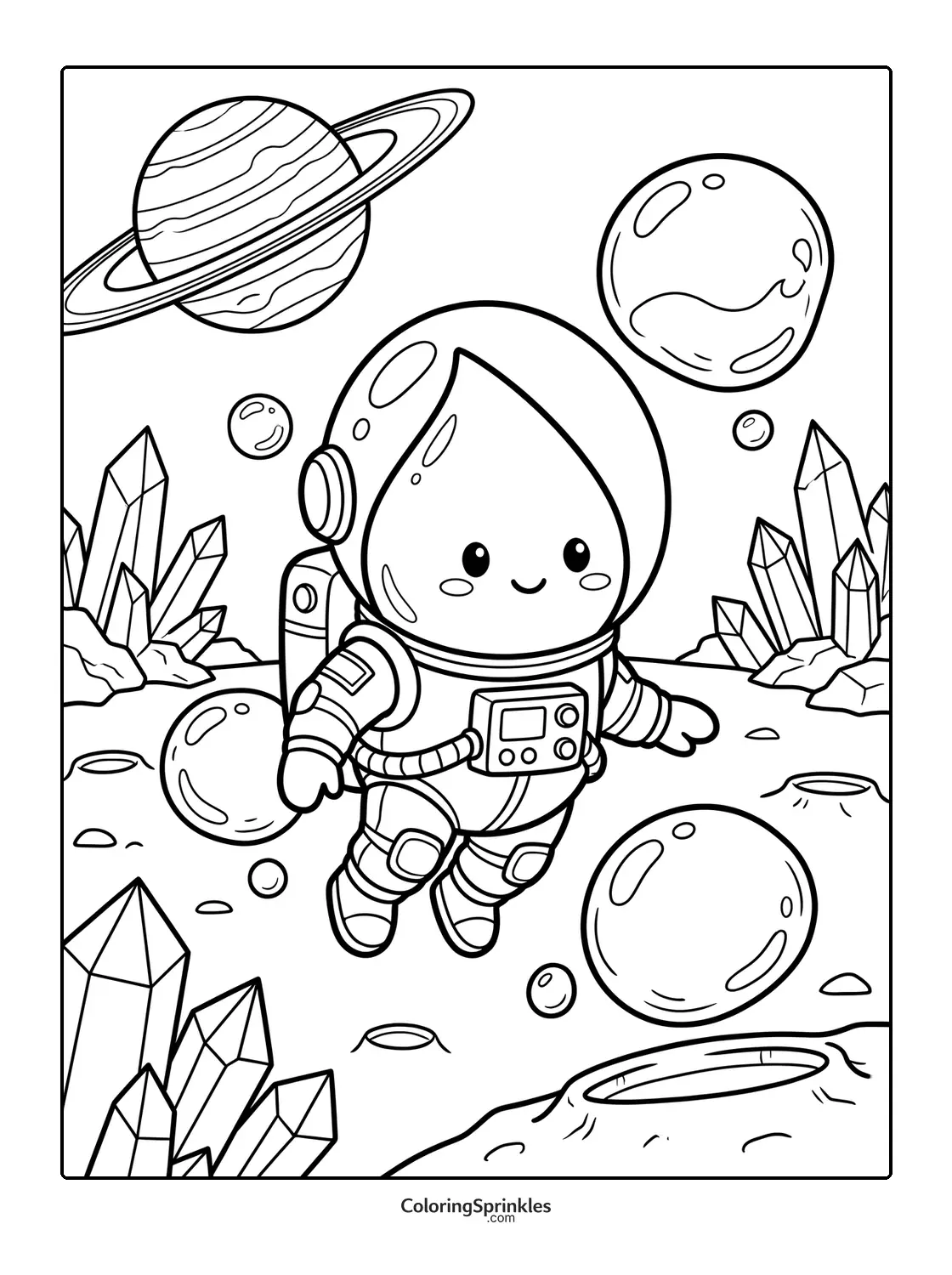 Coloring page of a water drop astronaut floating in space with crystals and planets