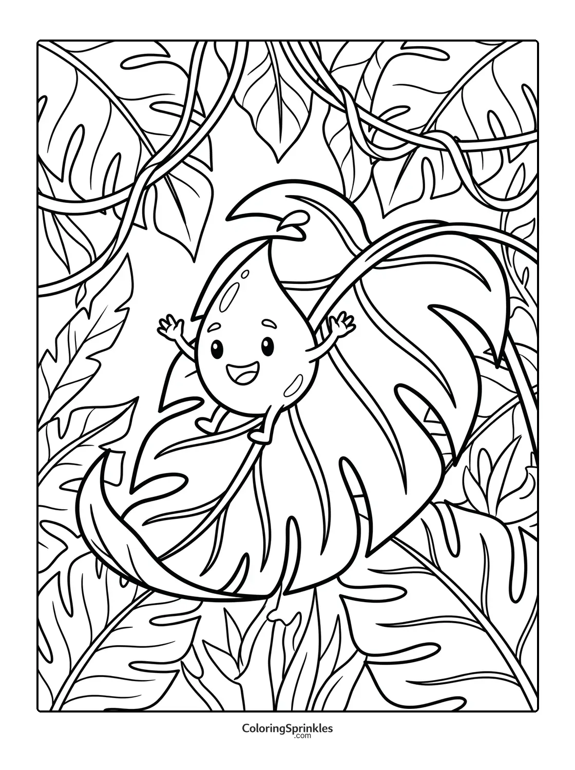 Coloring page of a happy water drop sitting on jungle leaves