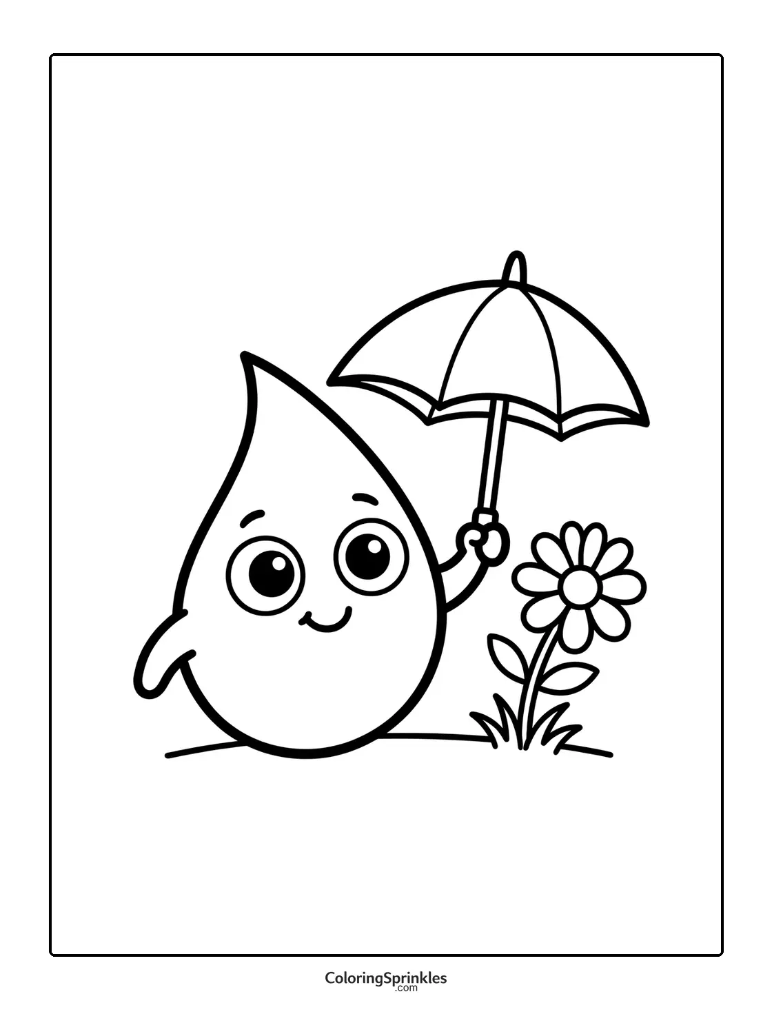 Coloring page of a smiling water drop holding an umbrella next to a flower