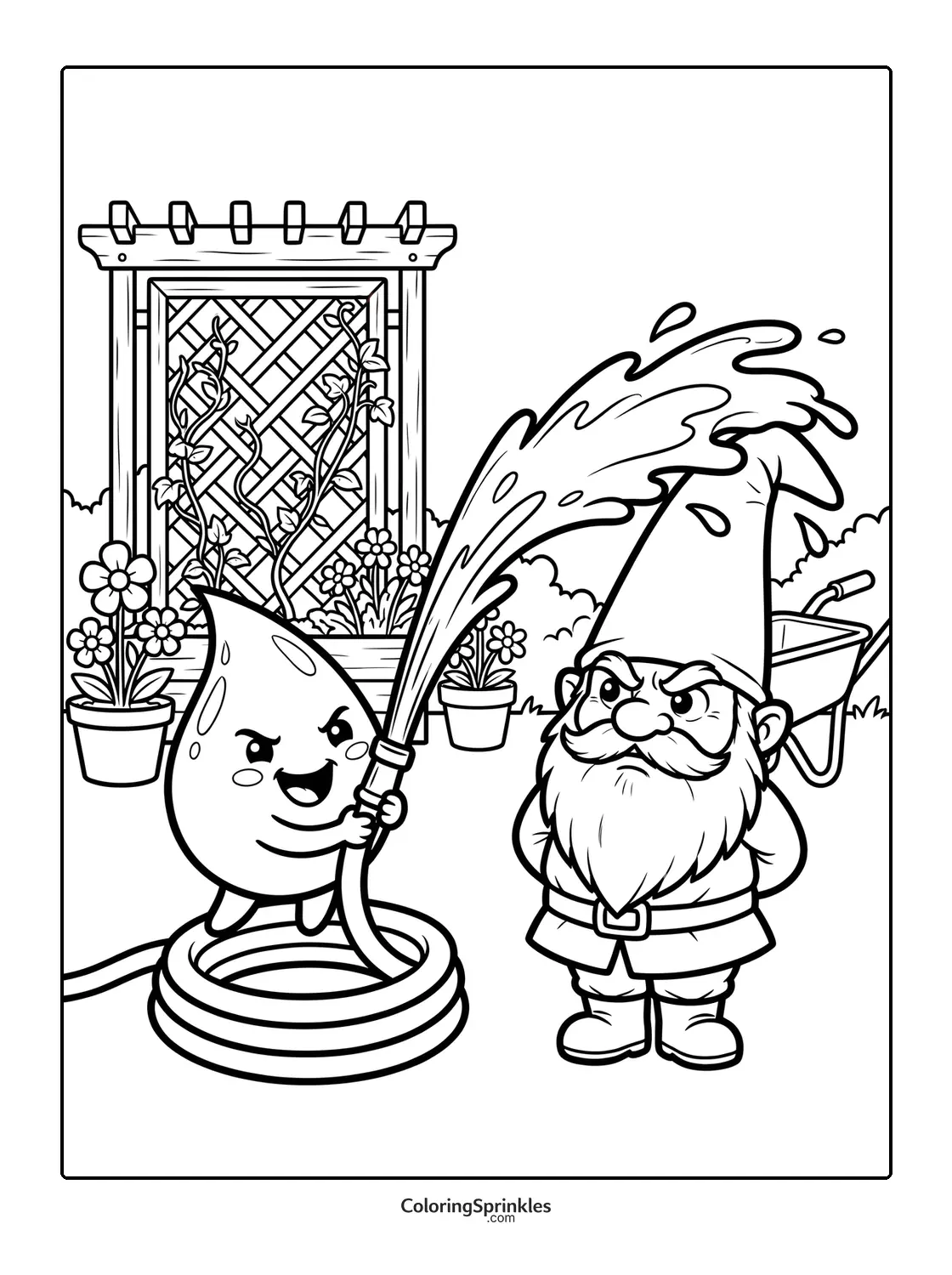 Coloring page of a water drop watering a garden gnome